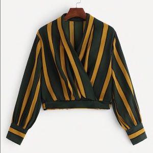 Green/Yellor long sleeve crop top; stripes